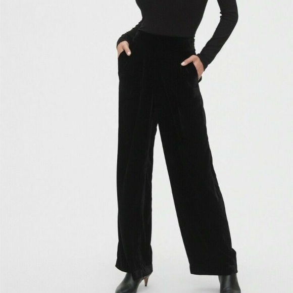 Gap Black Ribbed Crushed Velvet Wide-Leg High-Rise Holiday Trousers Large EUC‎ - Picture 1 of 11